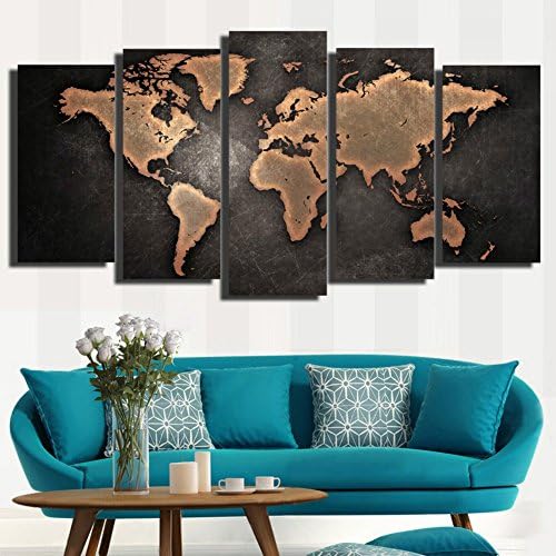 Mordern Abstrat World Map Black Background Wall Art Painting Pictures Print on Canvas Art for Living Room Home Decor,5 Panels( unframed)