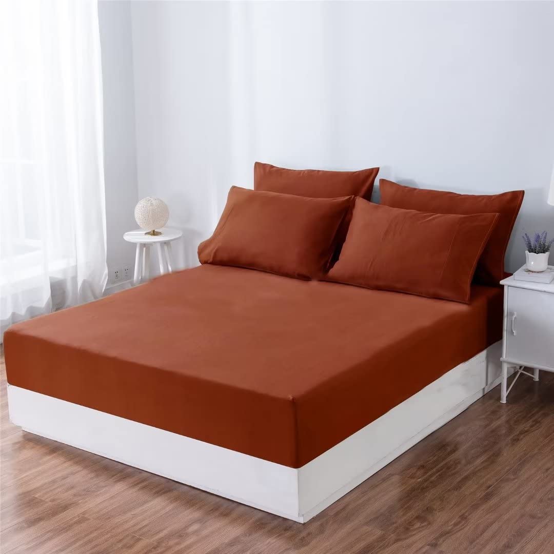 Ruccit Burnt Orange Double Fitted Sheet Deep Pocket 16"(41cm) Deep Fit All-around Elastic Fitted Sheet Only Brushed Microfiber Bed Sheet,Fade-resistant,Soft,Easy-care