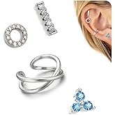 KRFY 4Pcs Flat Back Earrings, Ear Cuff S925 Sterling Silver, Screw Back Stud Earrings for Women, Dainty Cartilage Earring Helix Conch Tragus Piercing Jewelry, 16K Gold Plated, Blue/Tanzanite/Orange CZ