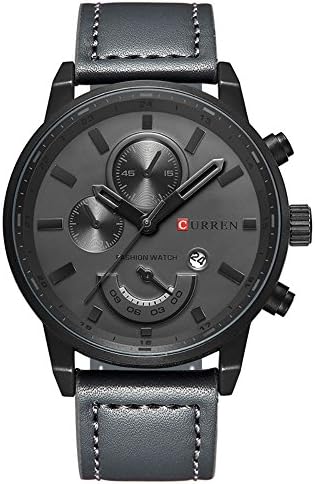 Men's Unique Analog Quartz Classic Business Casual Waterproof Dress Wrist Fashion Watch with Black Leather Band and Calendar Date Window Gray