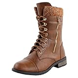 Forever Link Womens Mango-31 Round Toe Military Lace Up Knit Ankle Cuff Low Heel Combat Boots Tan PU 7.5