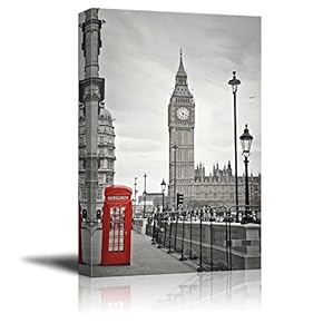 Pop of Color The Red Telephone Booth in London - Red Color Stands Out Against Black and White Background - Canvas Art Home Art - 12x18 inches