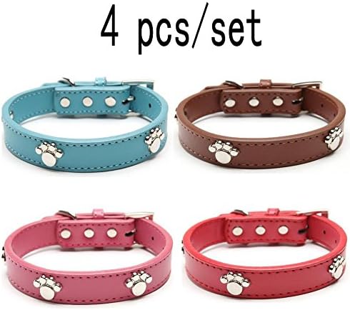 4 pcs/set Leather Dog Collar with Paw Charm for Small Dogs S 8-11 inches 30 cm