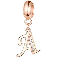 EMOSTAR Letter Charms Initial A-Z Alphabet Beads, Rose Gold 925 Sterling Silver Dangle CZ Birthstone Pendant, Gifts for Europ