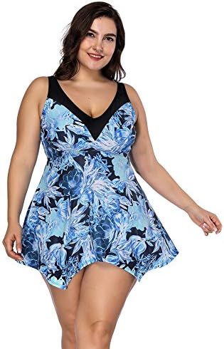 YUMDO Women's V Neck Floral Swimsuits Two Piece Pin up Swimwear Plus Size Tankini Blue 4XL