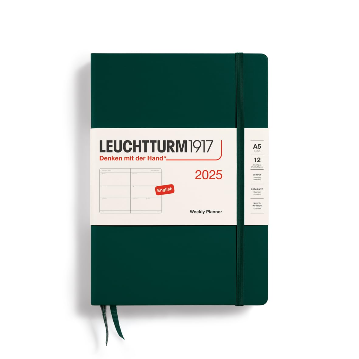 LEUCHTTURM1917 370773 Weekly Planner Medium (A5) 2025, Forest Green, English
