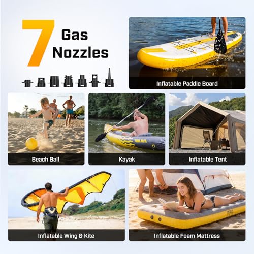 TOPUMP Electric Paddle Board Pump Portable, 20PSI Cordless Rechargeable SUP Pump with Auto-Off, Fast Dual-Stage Inflation & Deflation, 7 Nozzles for Kayaks, Boats, Tents