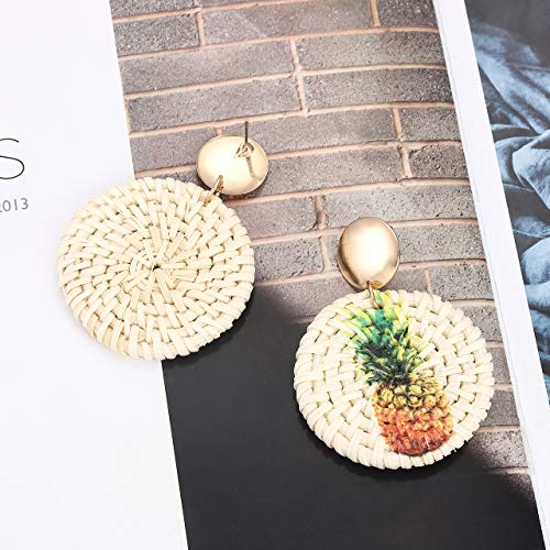 CEALXHENY Rattan Earrings Straw Wicker Braid Earrings Tropical Fruit Print Drop Dangle Earrings Handmade Statement Earrings for Women Girls (Pineapple)