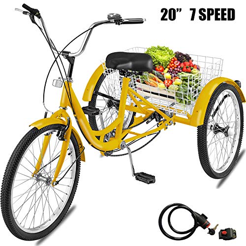Happybuy Adult Tricycle 1 Speed 7 Speed Size Cruise Bike 20 Inch Adjustable Trike with Bell, Brake System Cruiser Bicycles Large Size Basket for Recreation Shopping Exercise (Yellow/7 Speed)