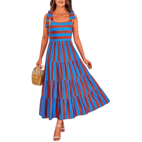 OBEEII Women's Summer Dress Spaghetti Straps Tiered A-line Striped Maxi Dress With Pockets Boho Floral Beach Sundresses Navy Blue S At Women's Clothing Store