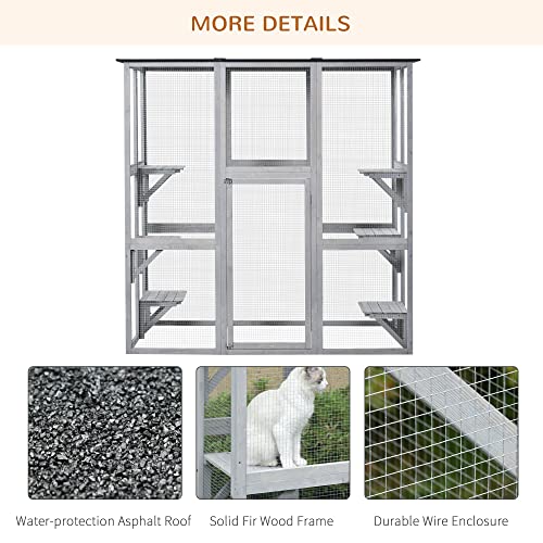 PawHut Outdoor Catio Cat Enclosure, Large Weatherproof Cat House with Asphalt Roof, 6 Jumping Platforms, Wooden Walk-in Kitty Cage for Multiple Kittens, 71" x 39" x 71", Grey