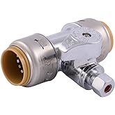 Sharkbite Max Tee Stop Valve, 3/4 x 3/4 in Push-to-Connect x 1/4 in Compression, Brass Plumbing Fitting, Chrome Finish, UR249
