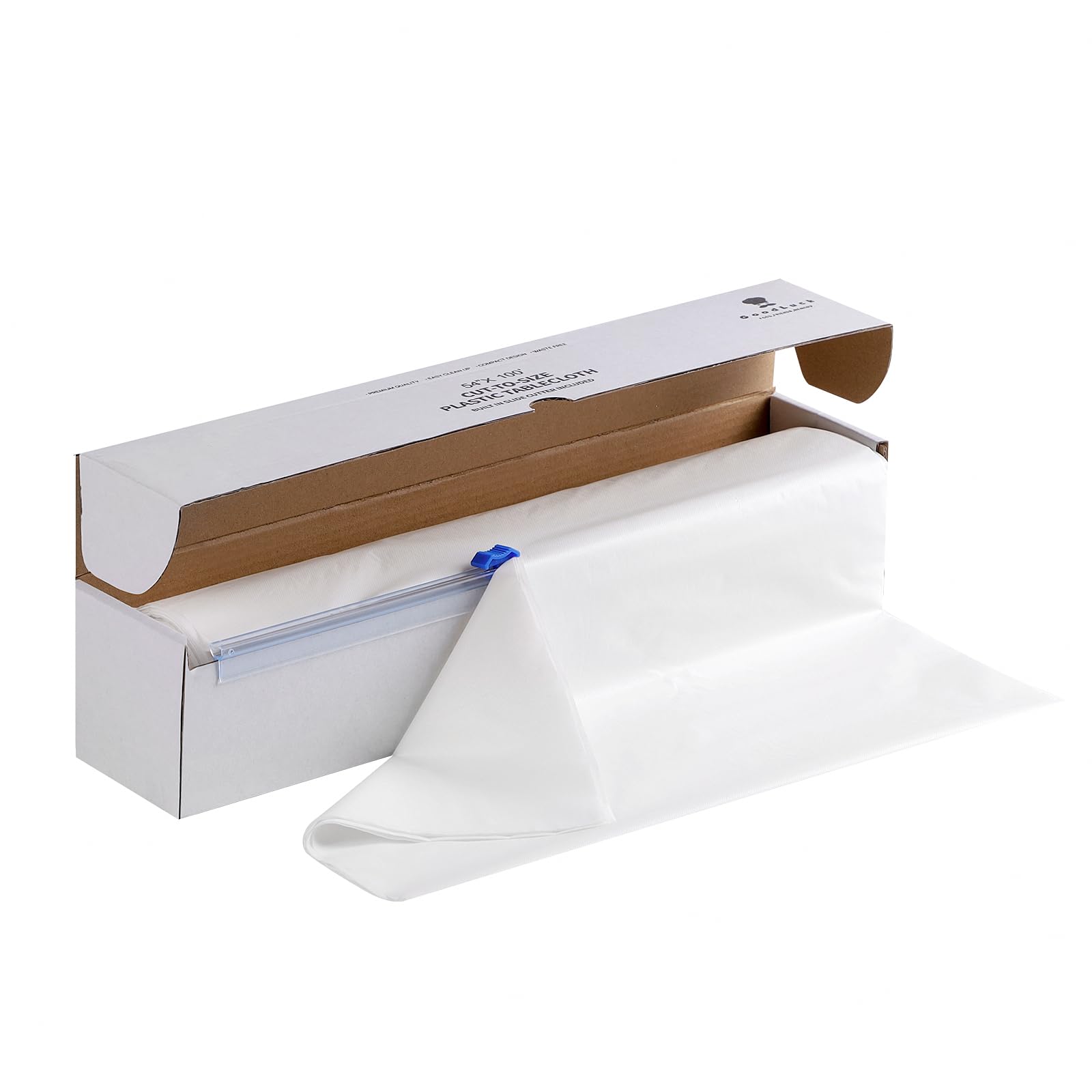 Photo 1 of Goodluck 54 Inch X 100 Feet Plastic Table Cloths with Cutter Box, White Disposable Table Cover Roll, Plastic Tablecloth for Party, Banquet, Wedding, Birthday, Anniversary
