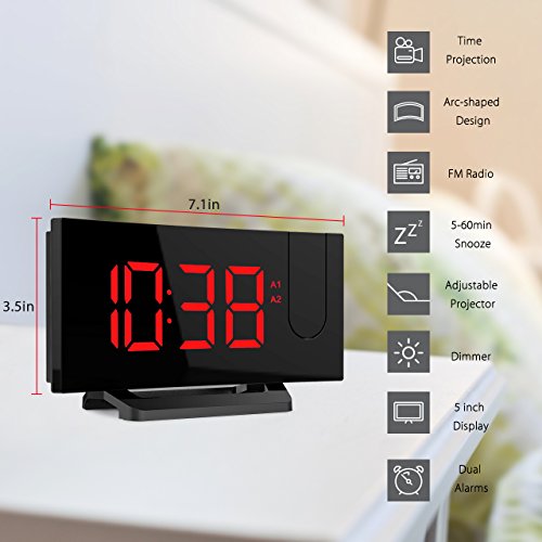 Atmoko [Update Version Projection Clock, [Curved-Screen] Digital Alarm Clock, FM Clock Radio with USB Charging, Dual Alarm, 5'' LED Display Projected Time on Ceiling, Battery Backup, Red