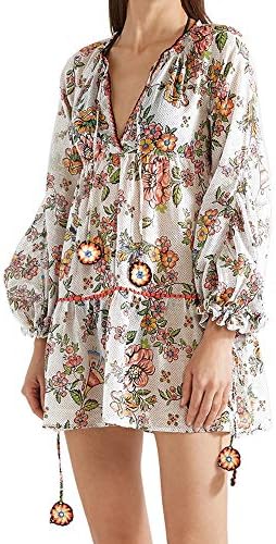 Cardigo Women Plus Size V-Neck Vintage Bohemia Long Sleeve Loose Dress