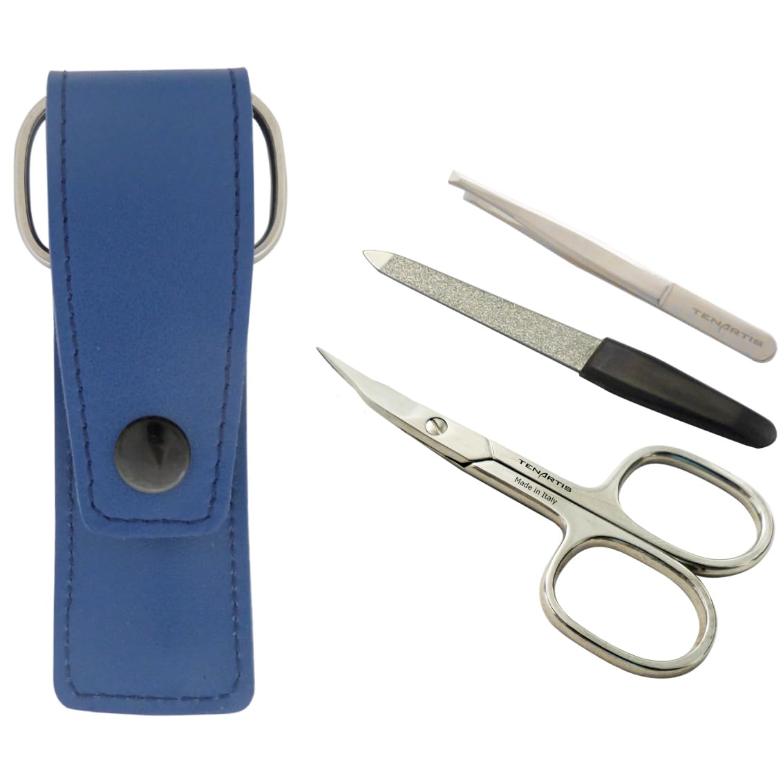 3-Piece Manicure Set with Nail Scissors, File & Tweezers in Genuine Leather Pouch - Tenartis Made in Italy (Blue)