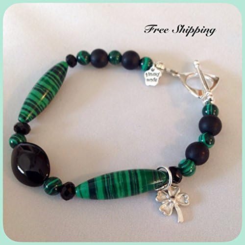 Green and Black Natural Malachite and Onyx Lucky Gemstone Bracelet With Swarovski Crystals and Sterling Silver Four Leaf Clover