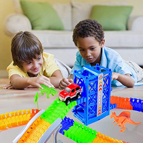 Fulljion Race Track Electric Car Large Lift Fast Sprint Flexible Track Playset Dinosaur World 120pcs 6.6ft Toy Train Set Tracks (1pcs Battery Included for Car)