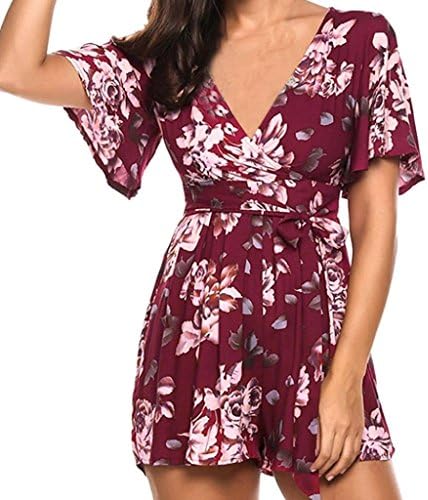 Shorts Rompers Belt,Women V-Neck Wrap Jumpsuits Jumpers Tops Floral Dress Playsuit Short Pants Hemlock (M, Wine)