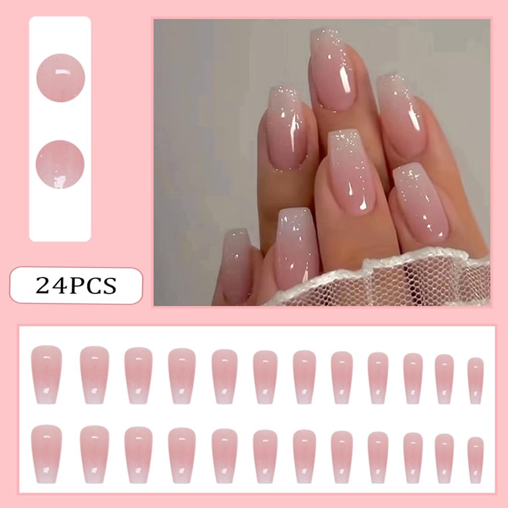 RUPOFUZA Medium Press on Nails Coffin Fake Nails 30Pcs Ombre Pink Square False Nails with Gloss Designs Acrylic Nails Press ons Artificial Nails Stick on Nails for Women - Image 2