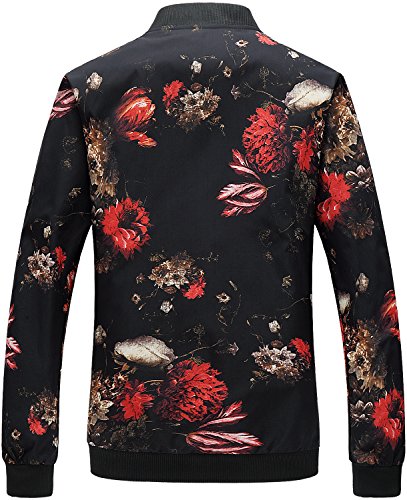 HENGAO Men's Casual Zipper Front Flowers Print Lightweight Varsity Jacket, JK776 Black, S/36 = Tag L - Thumbnail 2