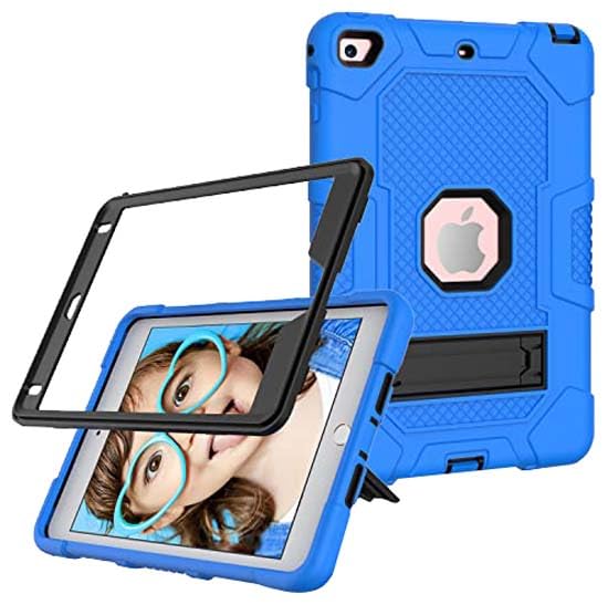 iPad mini4/5 Case with Stand, Heavy Duty Shockproof Hard Hybrid Triple Layer Protective Soft Shell Apple Tablet Silicone Case (Dark Blue+Black)