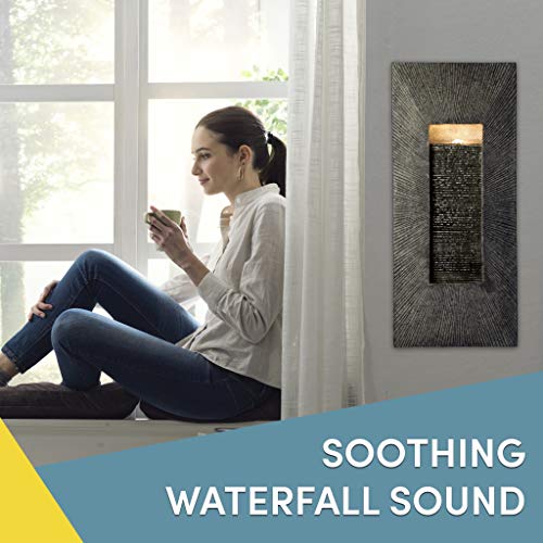 Rectangle, Indoor/Outdoor Wall Fountain 24" x 11" | Handcrafted Natural Stone Look with LED Lights, Adjustable Speed, Calming Waterfall Sounds | Made with Polyresin Material (Charcoal) ...