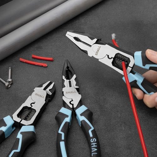 SHALL de 3 piezas Juego de alicates de alta palanca ，alicates de punta fina de 8", alicates de corte diagonal de 8" y alicates para electricistas de 8". Incluye funciones de pelacables y crimpadora.