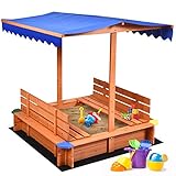 Costzon Kids Wooden Sandbox with Canopy, Cedar