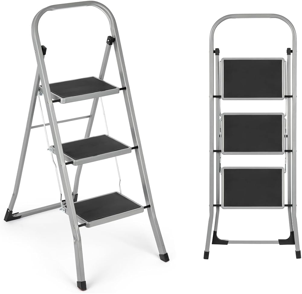 Vivo Technologies 3 Step Ladder Steel Portable Folding 150kg Capacity Grey