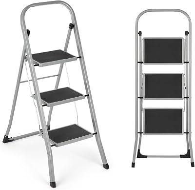 Vivo Technologies 3 Step Ladder Steel Portable Folding 150kg Capacity Grey