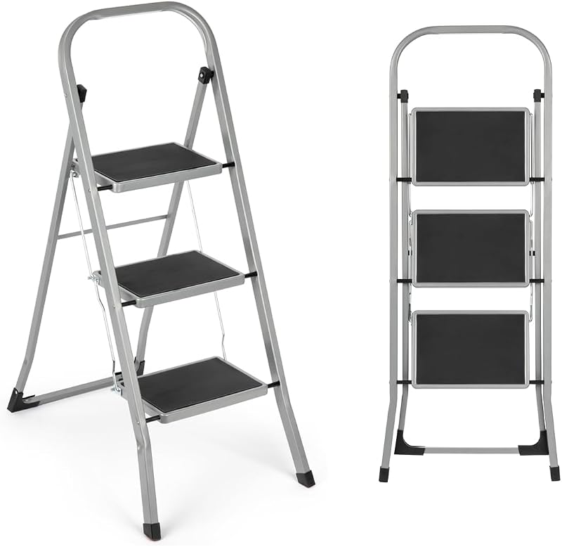 Vivo Technologies 3 Step Ladder Steel Portable Folding 150kg Capacity Grey