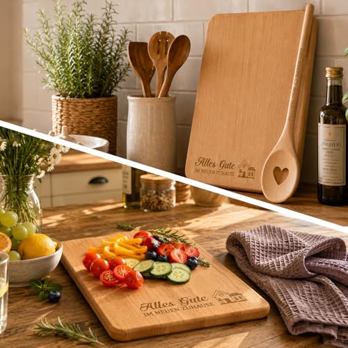 Giftota Housewarming Gifts - New Home Gift with Engraved Wooden Chopping Board, Cotton Kitchen Towel & Cooking Spoon Heart - House Warming, Home & Topping Out Party Gift