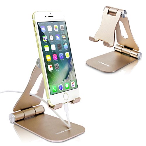 Cell Phone Stand Foldable YoShine Aluminum Phone Holder Phone Stand and Cable Organizer for Charging Desktop Cell Phone Holder Adjustable Phone Stand Dock for iPhone iPad/Mini Samsung Tablets - Gold