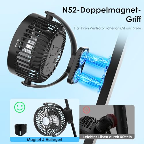 Minthouz Magnetic Fan with 12000 mAh Battery, USB Fan with 3 Speed Levels, Portable LED Table Fan, Suitable for Golf Cart, Cruise Ship, Travel, Camping, Pack of 2