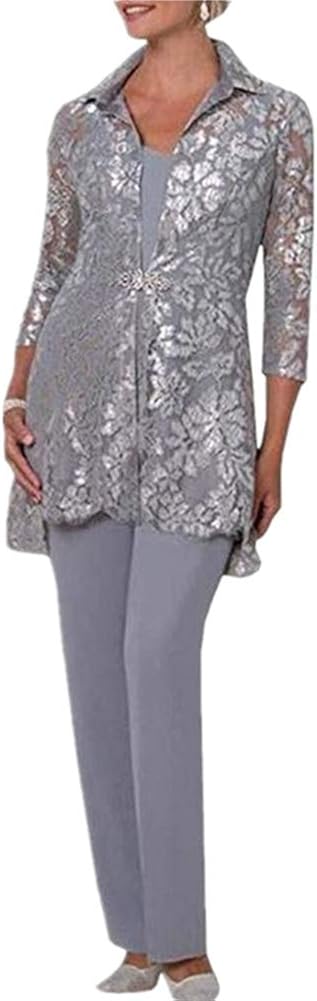 Amazon.com: Mother of The Bridal Pant Suits Chiffon Women's 3 Pieces Long Sleeve with Lace 