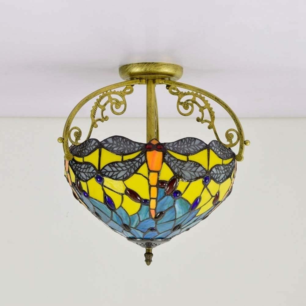 Dragonfly Ceiling Light Semi Flush Mount Tiffany Style Stained