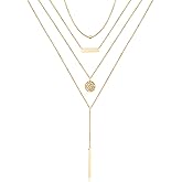 Turandoss Dainty Layered Choker Necklace, Handmade Y Pendant Necklace Multilayer Bar Disc Necklace Adjustable Layering Choker Necklaces for Women