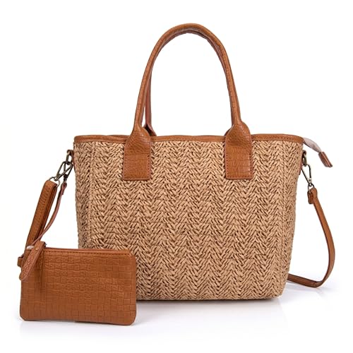 Women's Raffia Bag – Handwoven Straw Tote Bag with PU Leather Handles – Adjustable Shoulder Bag, Includes Small Purse, Summer and Beach Bag with Secure Closure (Brown)