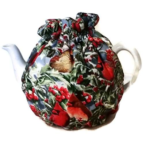 Teapot cozy, tea warmer Christmas themed with Red cardinals