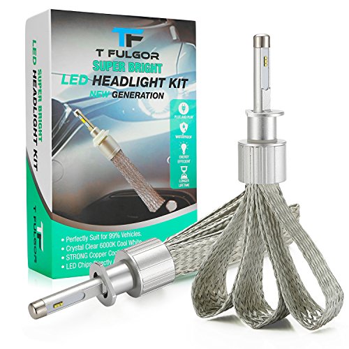 T FULGOR H1 Super Bright LED Headlight Bulbs Conversion Kit with Cool White PHILIPS chips, Purple copper braid, 40w, 11,000lm, 6000K, 2 year warranty, 1 pair (H1)