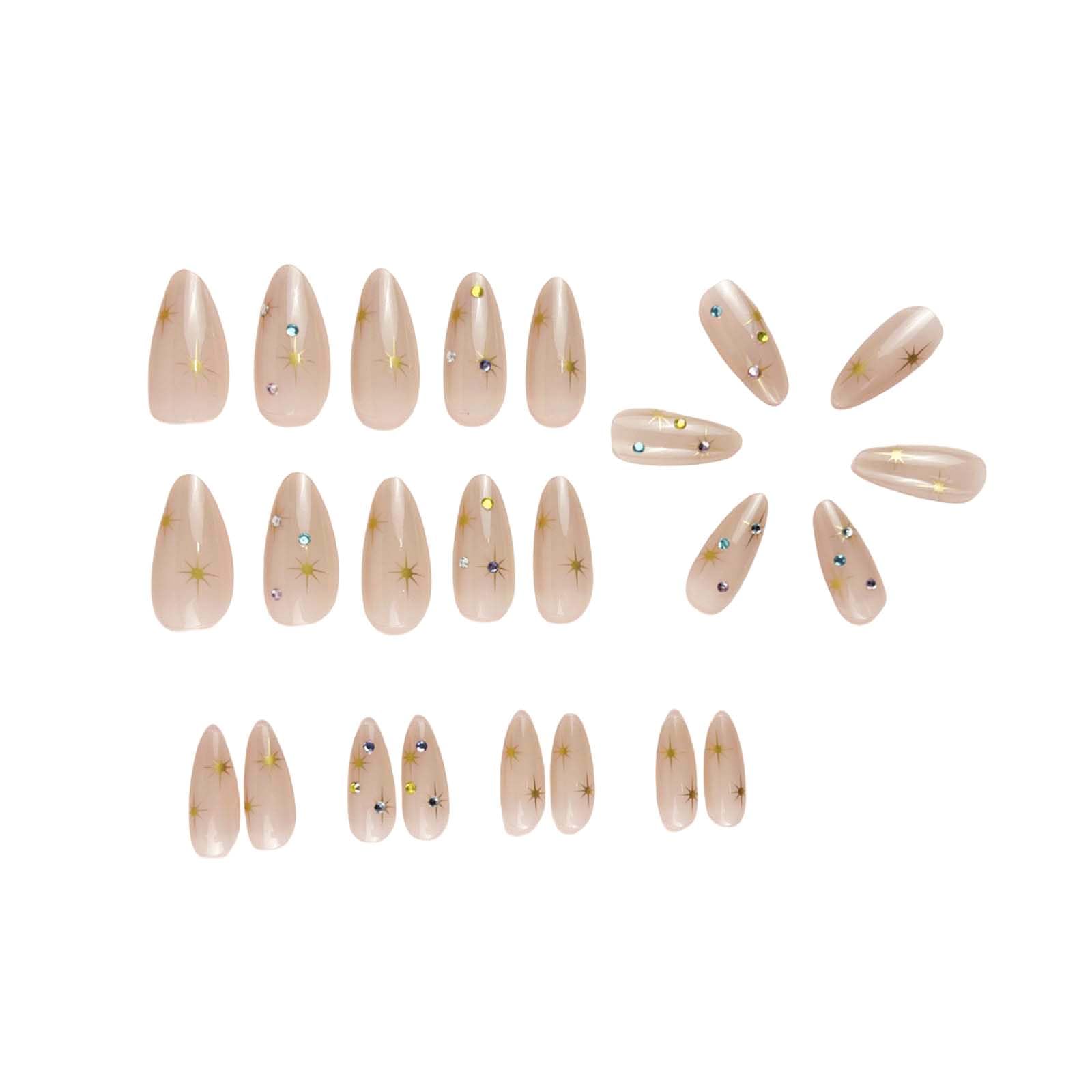 Almond Press on Nails Medium Fake Nails Star with Rhinestone Design Nude False Nails Artificial Full Cover Nails Glossy Acrylic Nails Glue on Nails for Women Manicure Decoration 24Pcs - Image 3