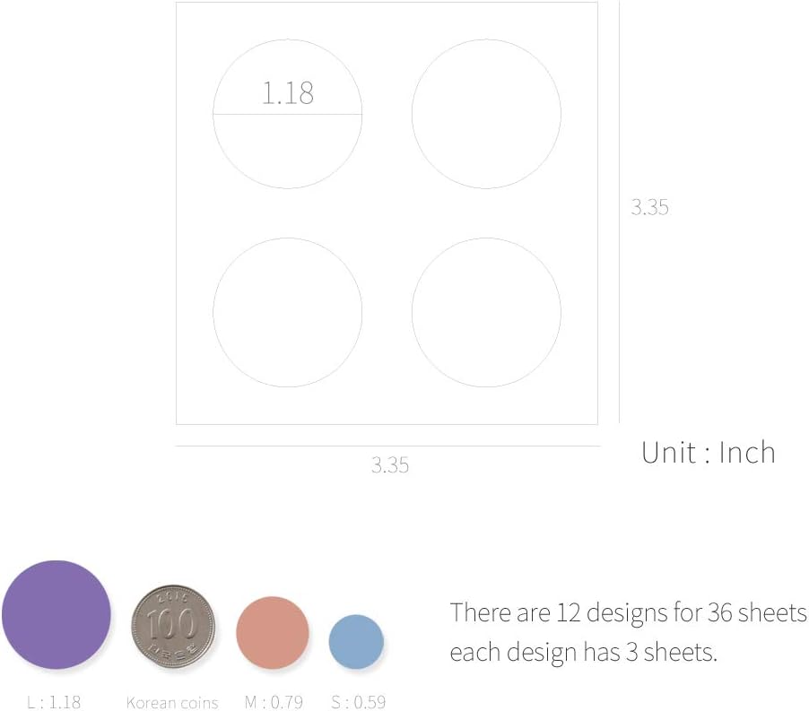 Monolike Circle Stickers - Solid Round Dot Large Size A + B Set, 12 Type Stickers 36 Sheets - Image 3
