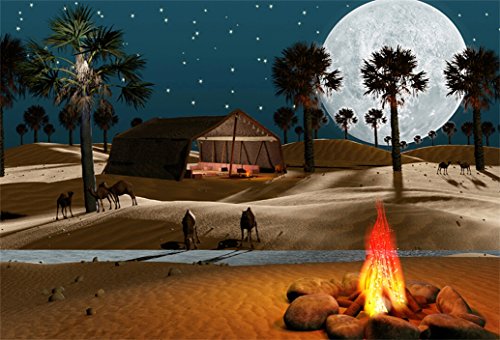 AOFOTO 10x7ft Abstract Sahara Desert Night View Backdrop Islamic Full Moon Star Photography Background Muslim Culture Religion Fire Camp Tent Camels Palm Tree Arabian Nights Fairy Tale Studio Props