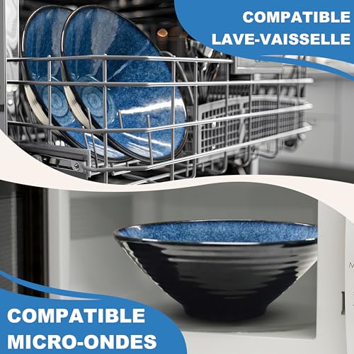 8 Inch Set of 4 Large Ceramic Ramen Bowls (16 Pieces), Japanese Dishwasher-Compatible Tableware with Fork Chopsticks and Spoon Soup Bowl Salad Gifts for Men Women