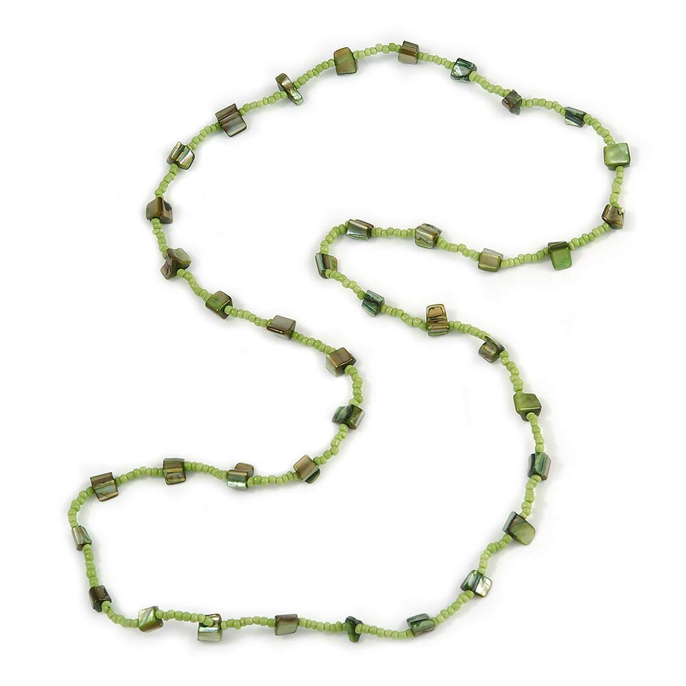 Avalaya Long Lime/Green Glass Bead, Sea Shell Nugget Necklace/ 100cm Long