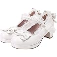 LUXMAX Women Kawaii Mid Block Heel Mary Jane Rockabilly Pumps with Bow Platform Chunky Heel Cute Sweet Shoes