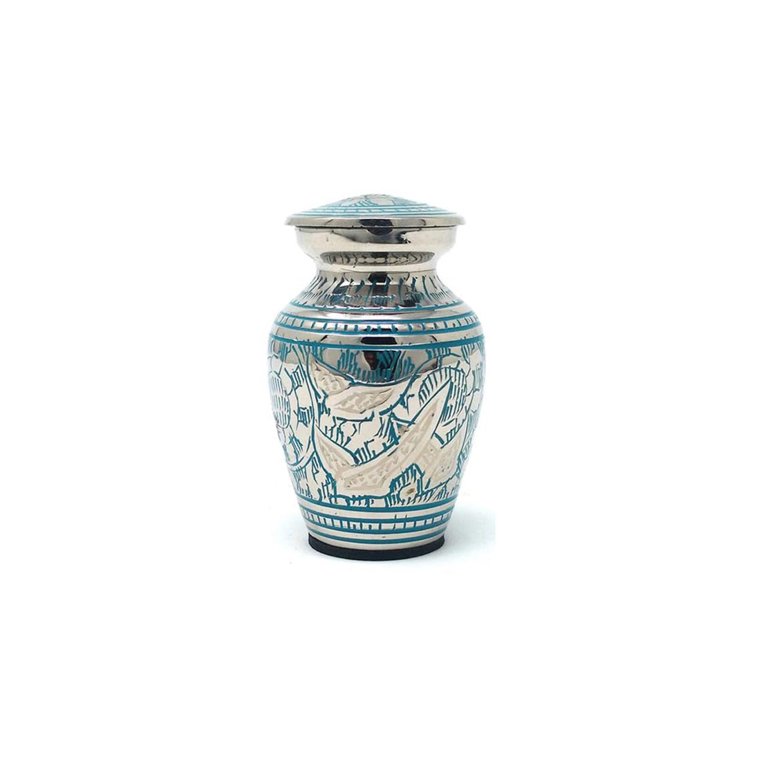 Well Blessed Flying Birds White Engraved Design Small Water Blue Keepsake Urn For Ashes, A Small Keepsake Memorial Urn..