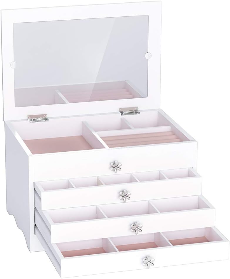 Ovonni Jewelry Organizer Box for Women/Girls, Wooden Jewelry Display Storage Case with Mirror, Decorative Holder for Rings Earrings Bracelet(White)
