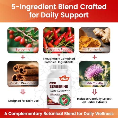VEV Berberine Supplement with Ceylon Cinnamon, Cayenne Pepper, Turmeric, Milk Thistle – 120 Capsules